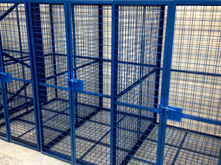 Metal cages are equipped with locking devices to ensure the safety of internal items.